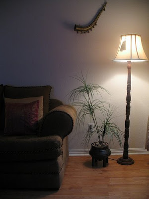 An antique Indian horn in the living room corner