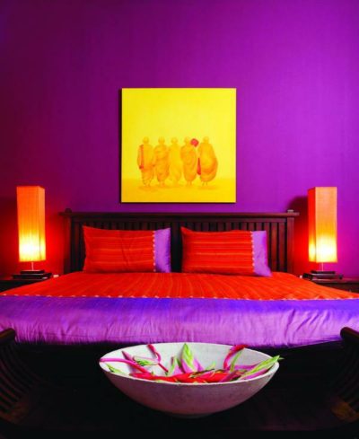 Bedroom, paintings, vivid colors, lampshades, headboard, Decorating Asia