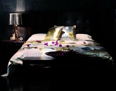 Luxurious, bedroom, drama, flowers, satin, lampshade, metallic, Decorating Asia