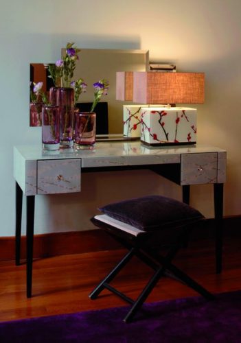 Dresser, orange, Ikebana printed glass vanity table, Knowles and Christou, blossoms, Decorating Asia