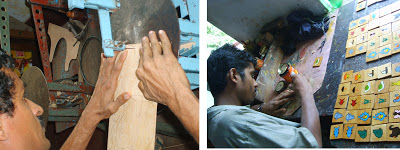 Craftsmen cutting out the design, and then painting patterns on the wood