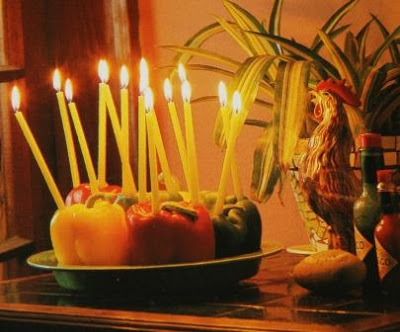 place fresh fruits or vegetables as the center piece of the table