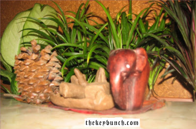 pine cone and mini elephant on tabletop