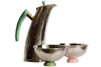 Silver Kettle and Bowl with Jade and Pink Quartz at Varya shopping for Indian decor