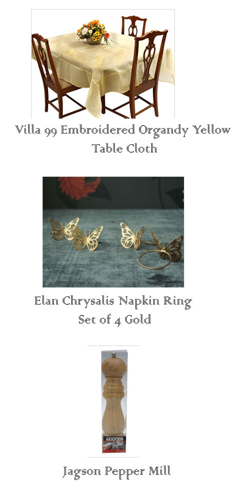voucher from RoomStory.com - embroidered organdy yellow table cloth, Butterfly napkin rings, A pepper mill