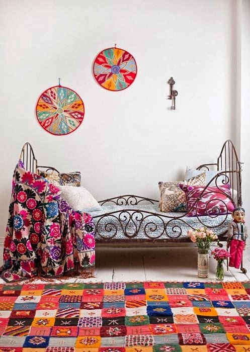 patchwork quilt, jaipuri razai, daybed, bottle with flowers, keys on wall