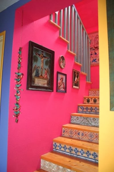 jesus, our lady of perpetual succour, tiled walls, hanging decor, pink stairway