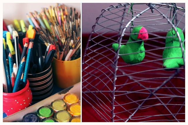 Aarti Verma artists tools, egg basket wire, parrots