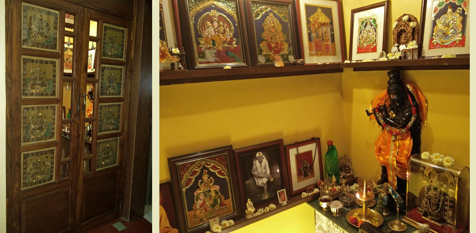 The puja room is adorned with beautiful original Tanjore paintings and lovingly enclosed with carved doors