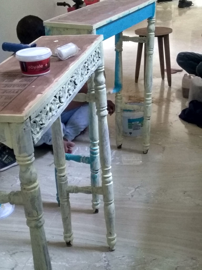 table during the painting process