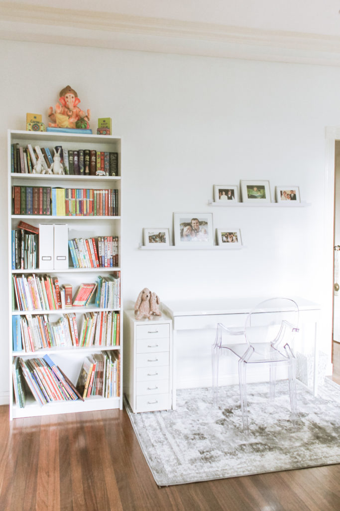 Home Tour with Kaho of Chuzai Living - the study room filled with book shelf, photo frames and study table and chair