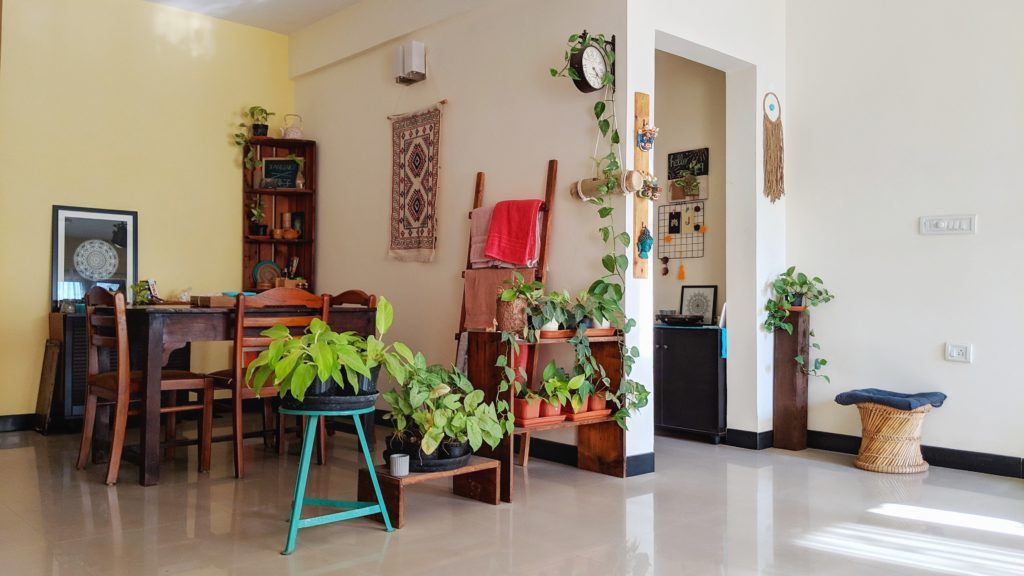 Jayati and Manali share their home tour as the science home décor - The dinning room are decorated with wall hanging table runner, indoor green plants, frames and vintages