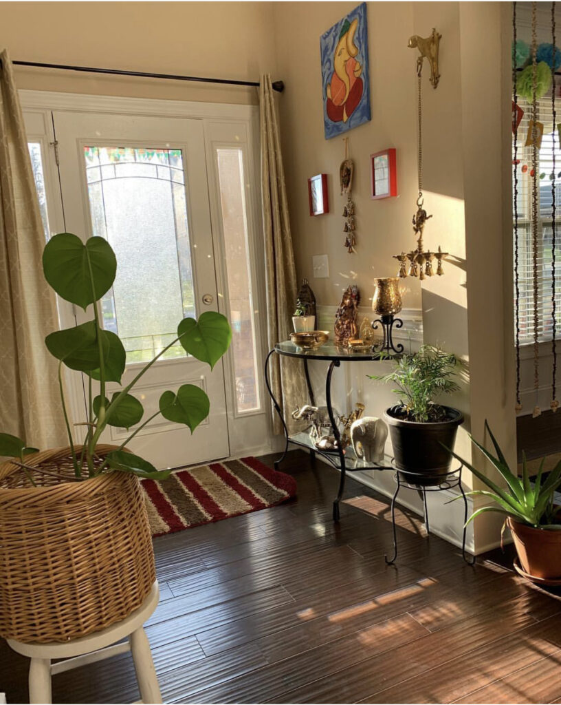 The entry way is decorated with green plants, vintage items, brass collection and wall frames