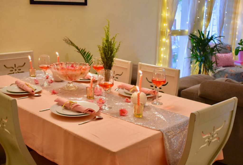 The dining room is decorated with pink color - babies, blushes, roses, sakura, cotton candy all wear pink