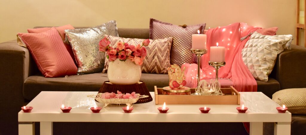 Baby pink, pastels and neutrals are unconventional choices for diwali decoration