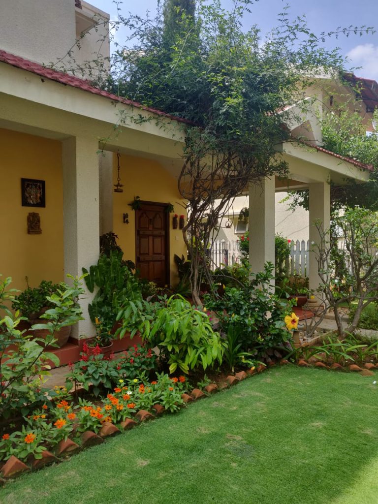 the garden surrounded by greenery in front yard entryway