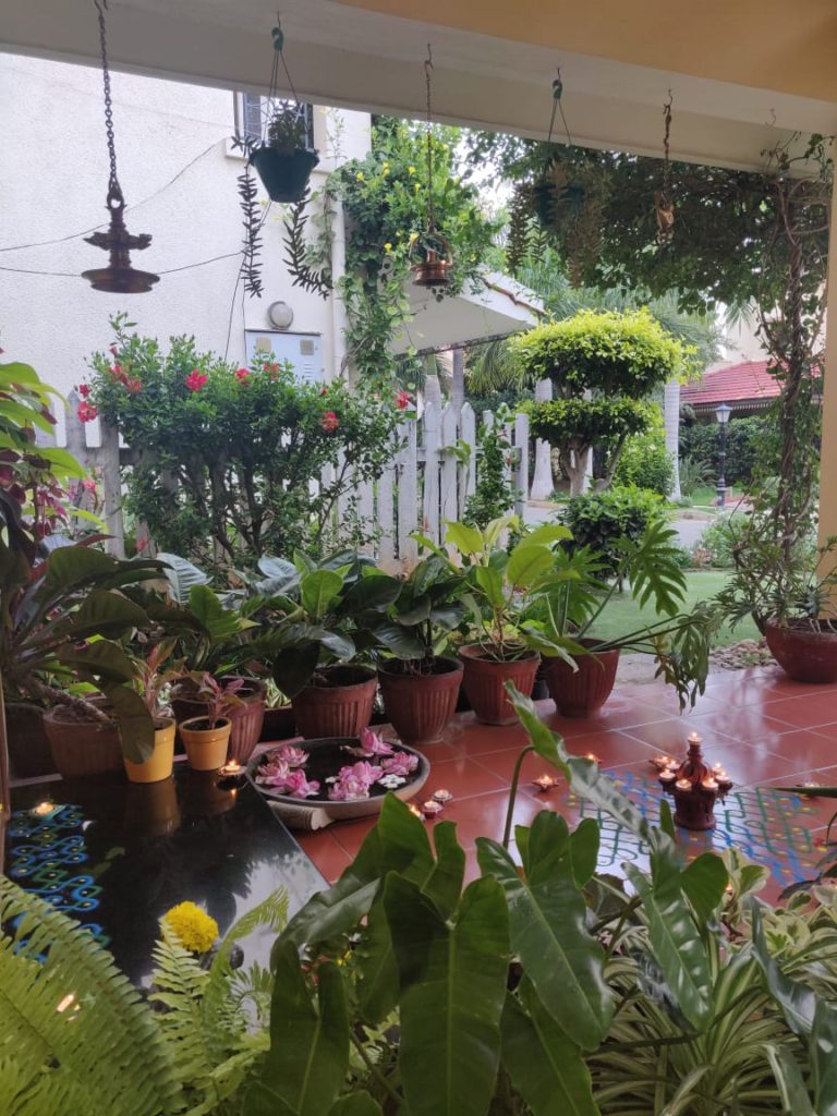 the front door entry surrounded with green plants and also decorated with rangoli and diyas for diwali festival