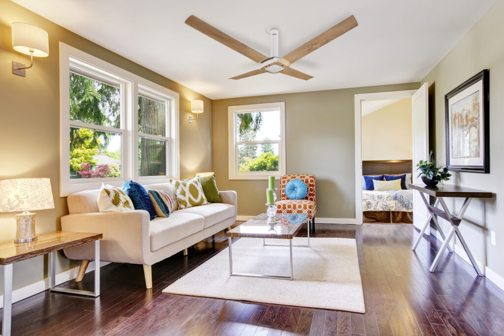 New York madison pine wood fan from Lumminous Signature collection in this modern living room.