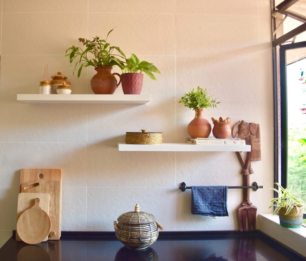 Open shelves at the corner of the kitchen room | ASHA RAJ home tour