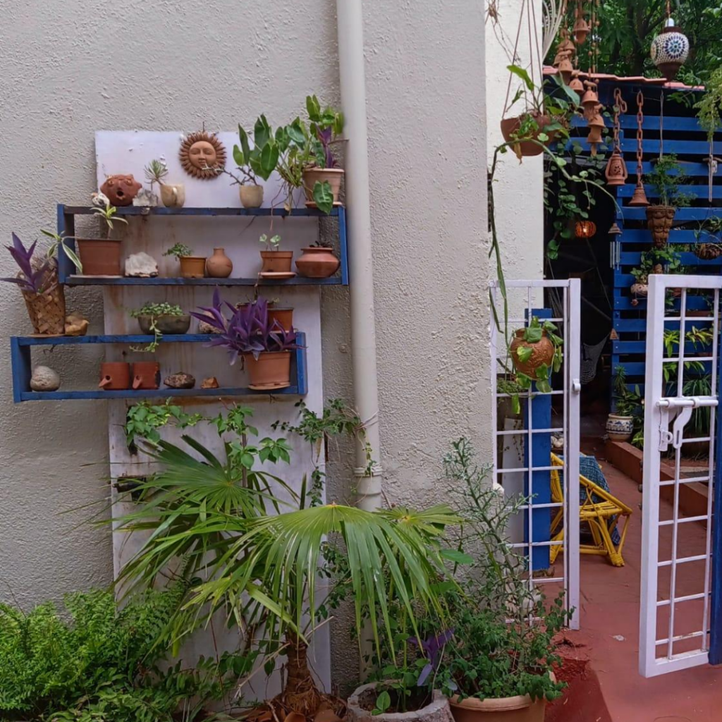 The old door and shelves juxtaposed with plants and little terracotta pots at entrance | Leesha's Pune home | Thekeybunch