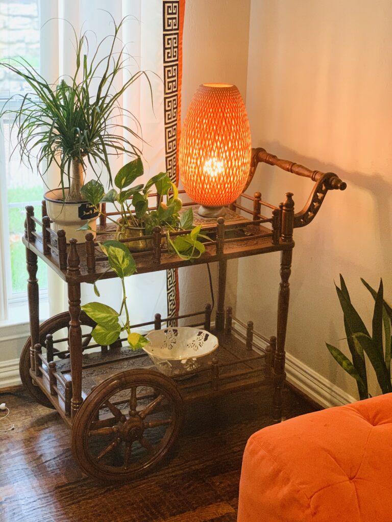 the carved wood tea trolley is decorated with green plants and lamp shade | Ruma's Indian Home in Texas | theKeybunch decor blog
