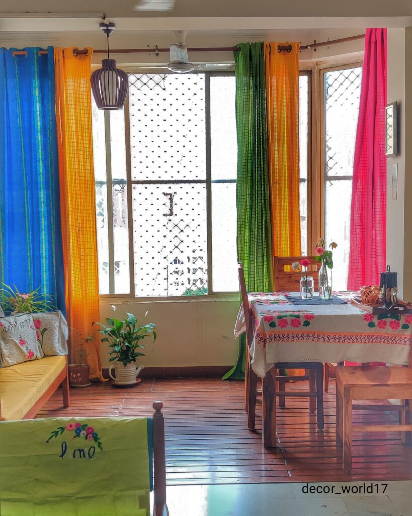 These beautiful curtains make such a good color to brighten a room | Dharitri home tour | thekeybunch decor