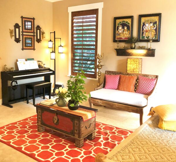 The piano, the 3rd element in this gorgeous wood and brass dominated space - Decor trends 2021 for Indian homes | Thekeybunch decor blog
