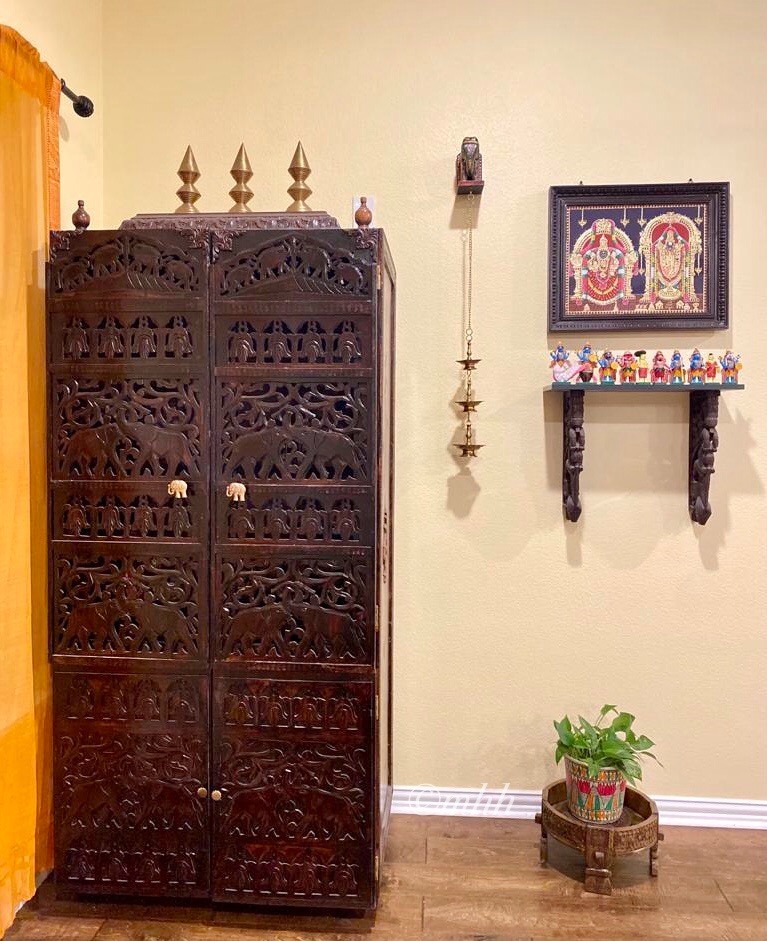 Home tour of Meena Harish | Converted an elephant carved room divider into pooja space and added brass Elephant knobs at the pooja room