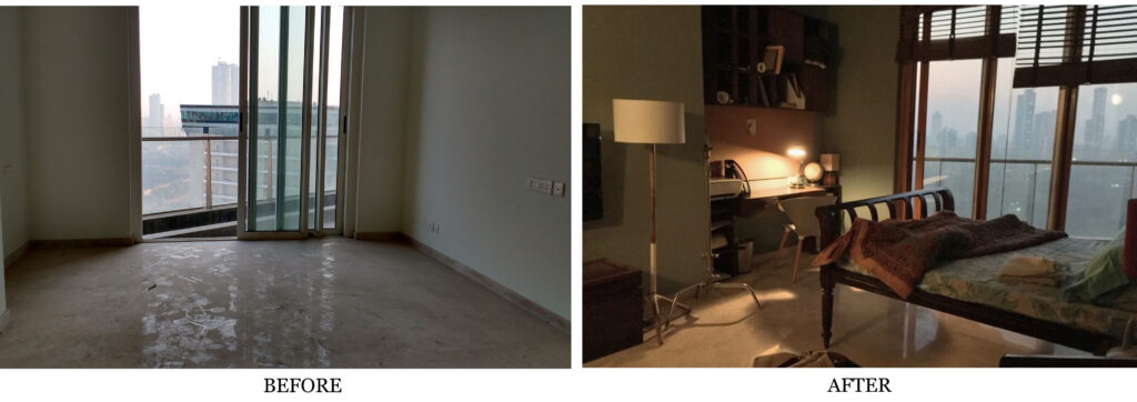 Before and after view of bedroom - 'Sir' Indian Movie set | theKeybunch decor blog
