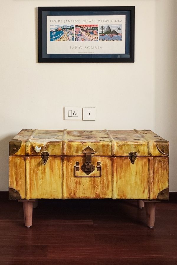 A vintage trunk with legs added - as a sideboard in the study | Home Tour: A beautiful Antique Modern home in Bangalore