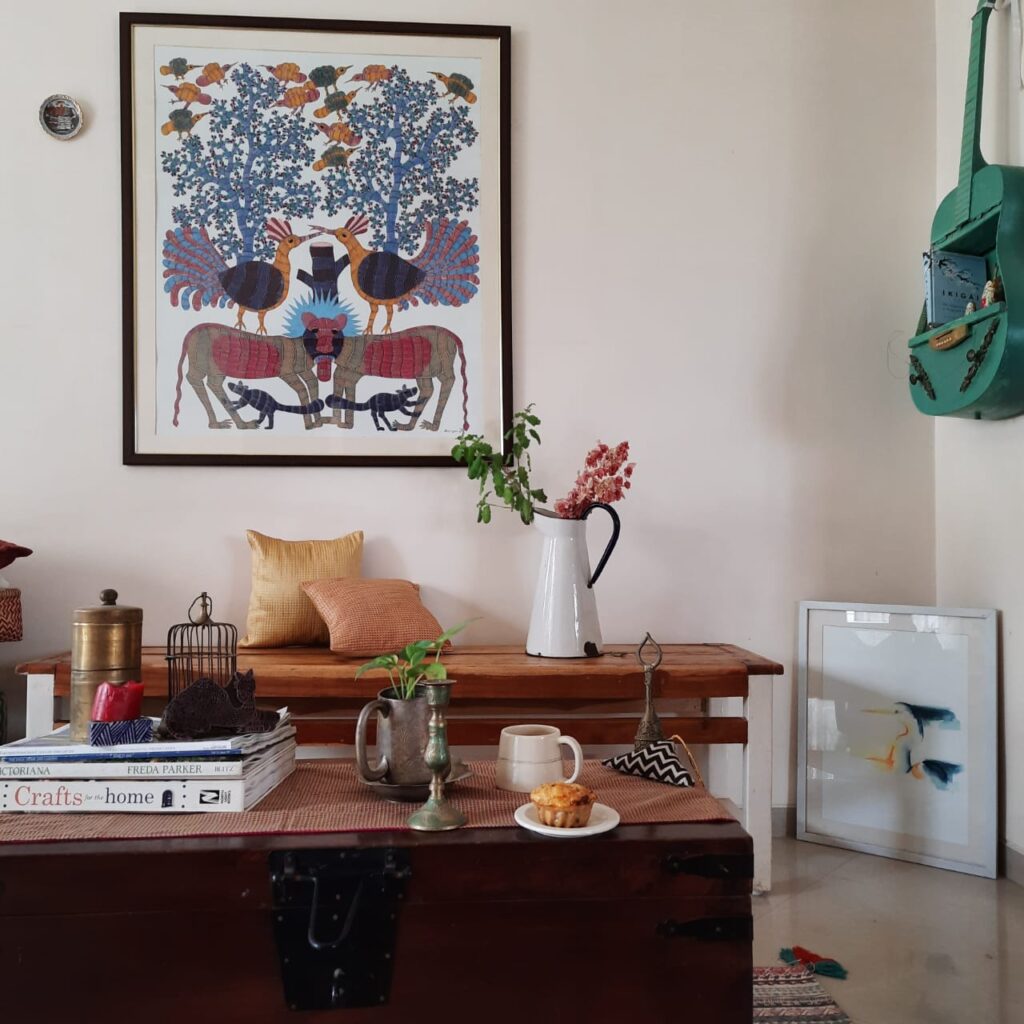 Fall Decor in India - Autumn Season | The beautiful wall art frame, vintage jug and table accessories decorated in the living room