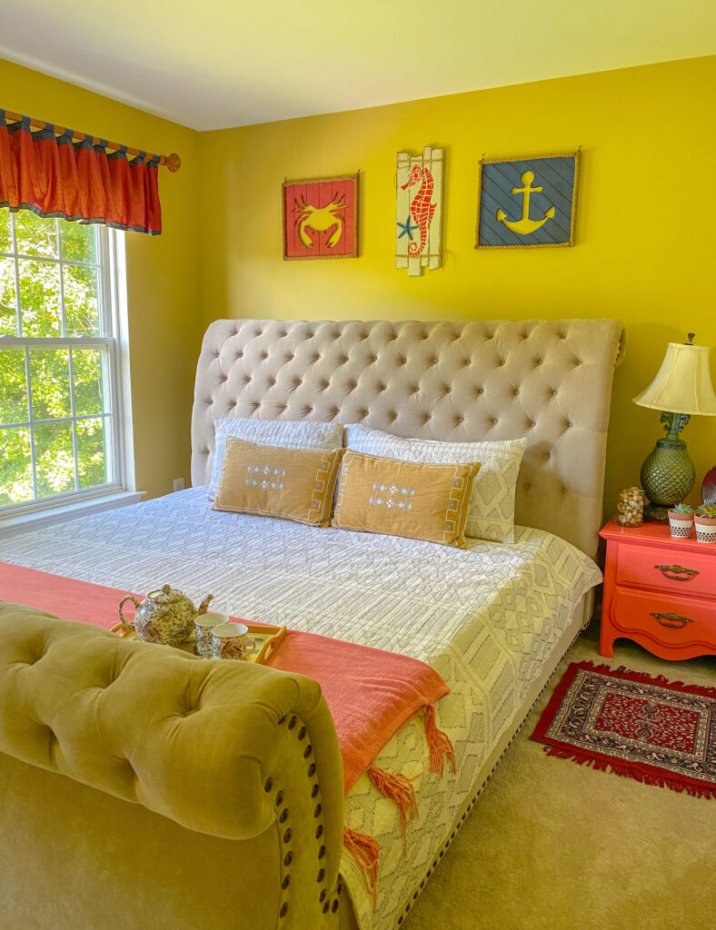 Chitra's Joy-Infused Boho Eclectic home | Bright and colorful bedroom with beautiful view from the windows