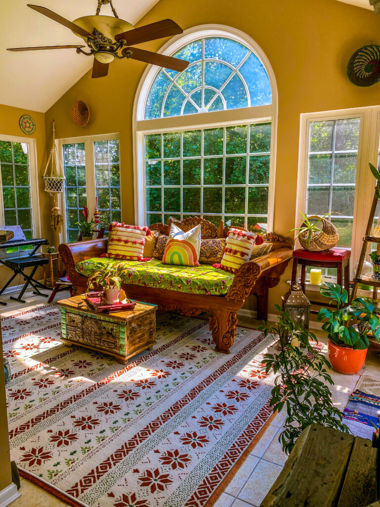 Chitra's Joy-Infused Boho Eclectic home | The elegant family room with beautiful view from the windows