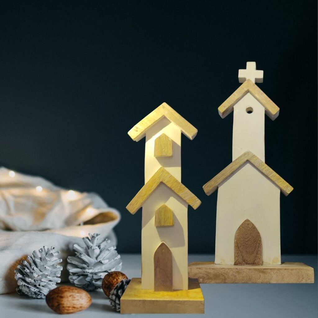 Christmas products from thekeybunch store | Set of Christmas house and church made by mango wood and hand painted