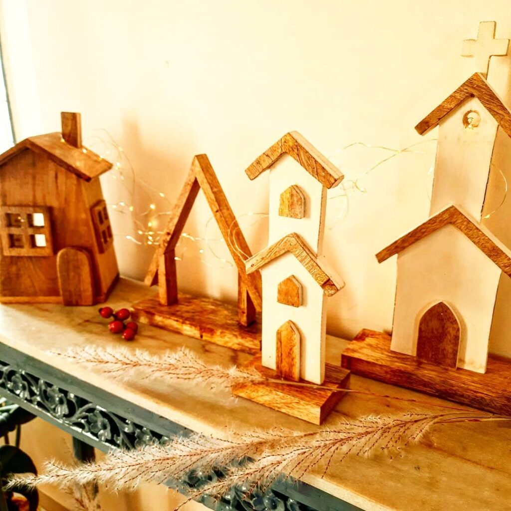 Christmas home decor | Set of Christmas house and church made by mango wood and hand painted