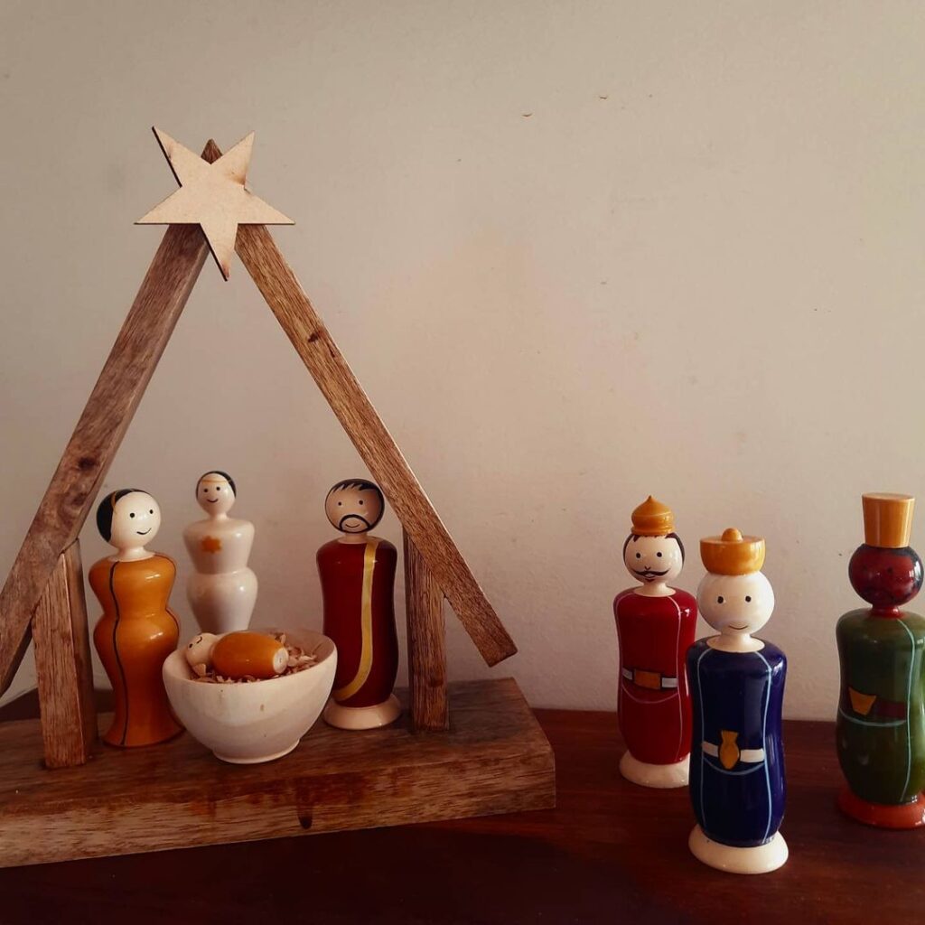 Christmas home decor | A unique Etikoppaka Nativity Set, with Mary, Joseph, baby Jesus, 3 Kings and angel, all creatively represented in the Etikoppaka art form