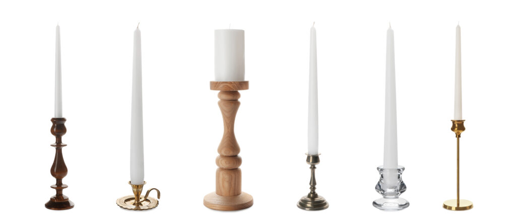 Decor Trends for 2022 | Set with different stylish candlesticks on white background, banner design