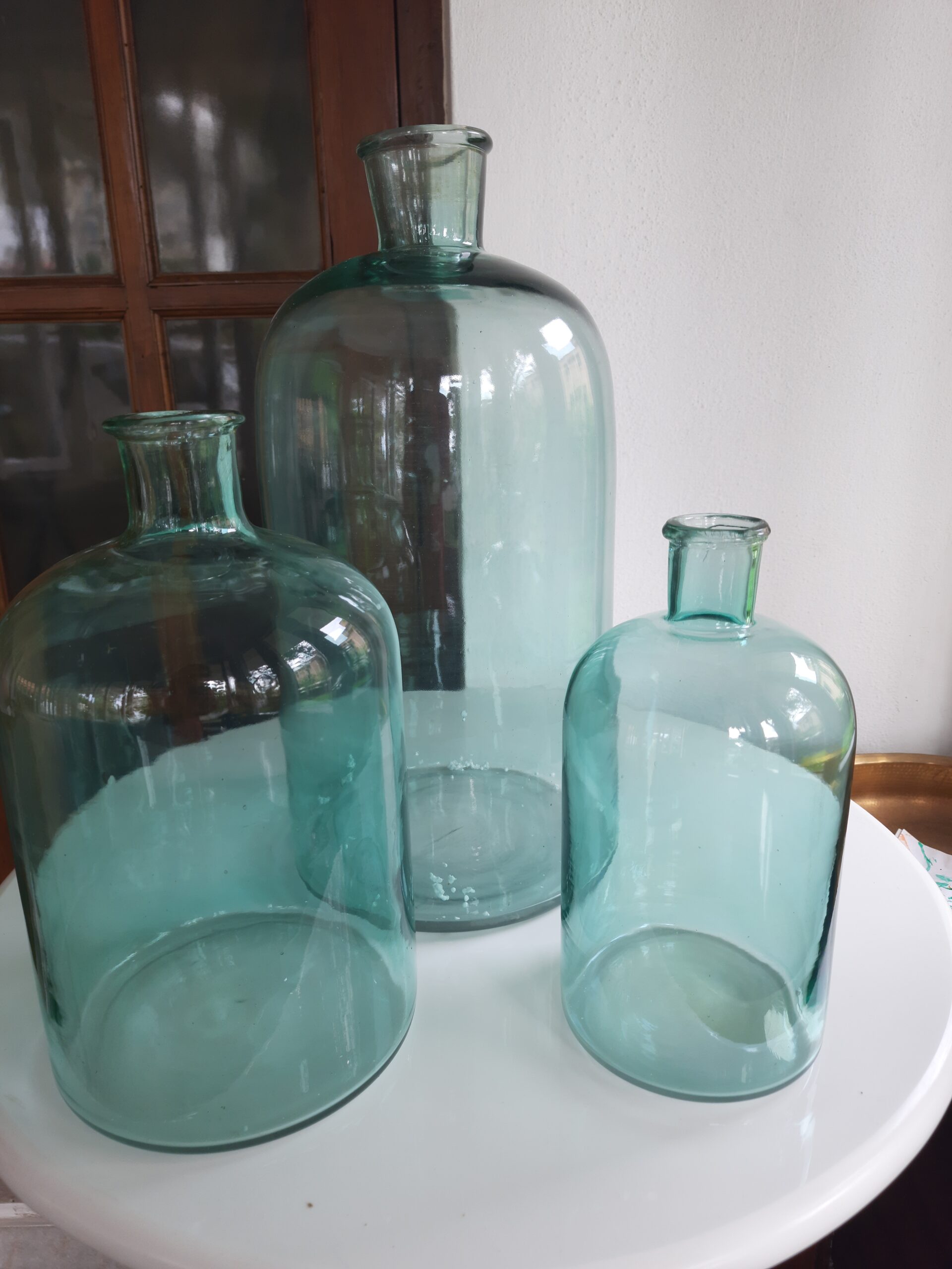 Demijohns in Indian Decor | Set of 3 ocean green glass bottles for home decor