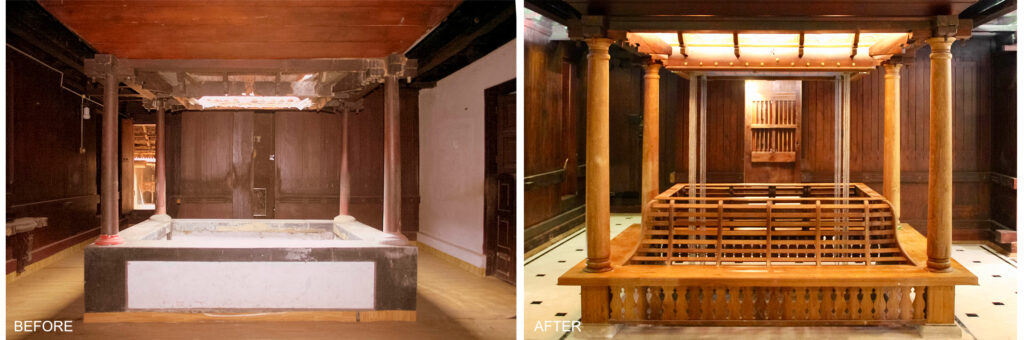 Old Traditional Kerala Home, Revived by Benny Kuriakose | Before and after - The courtyard was designed without major changes from the old patio model. Pillars and a reclining seat are also included