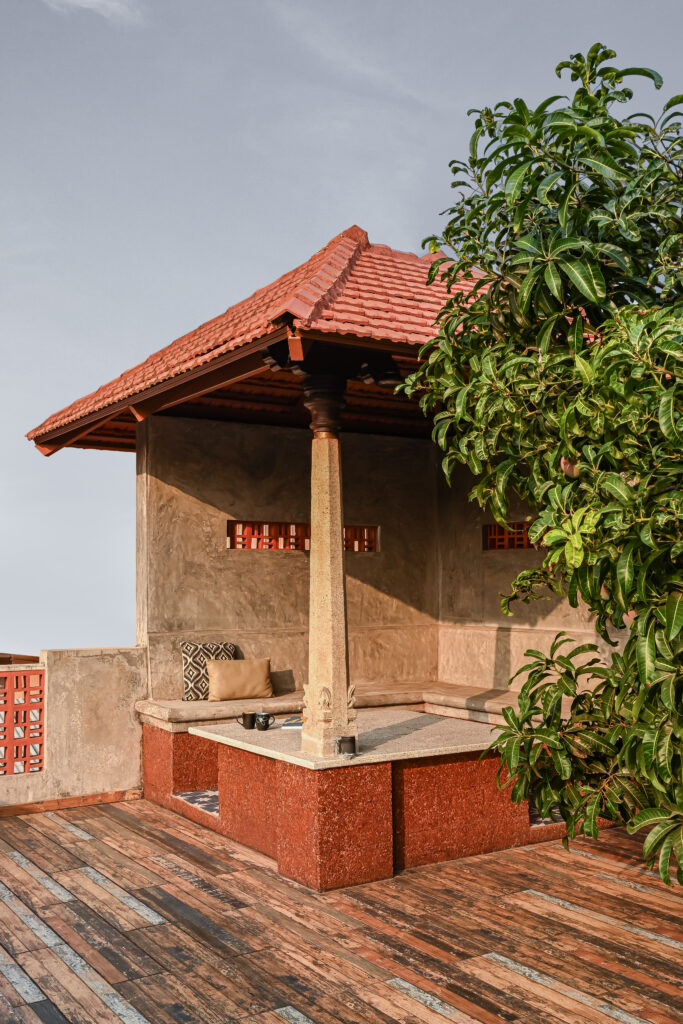 Raja’s Cottage - A traditional Mangalore home with a Chettinad Flavour | The gazebo area has a stone pillar where the roof rests