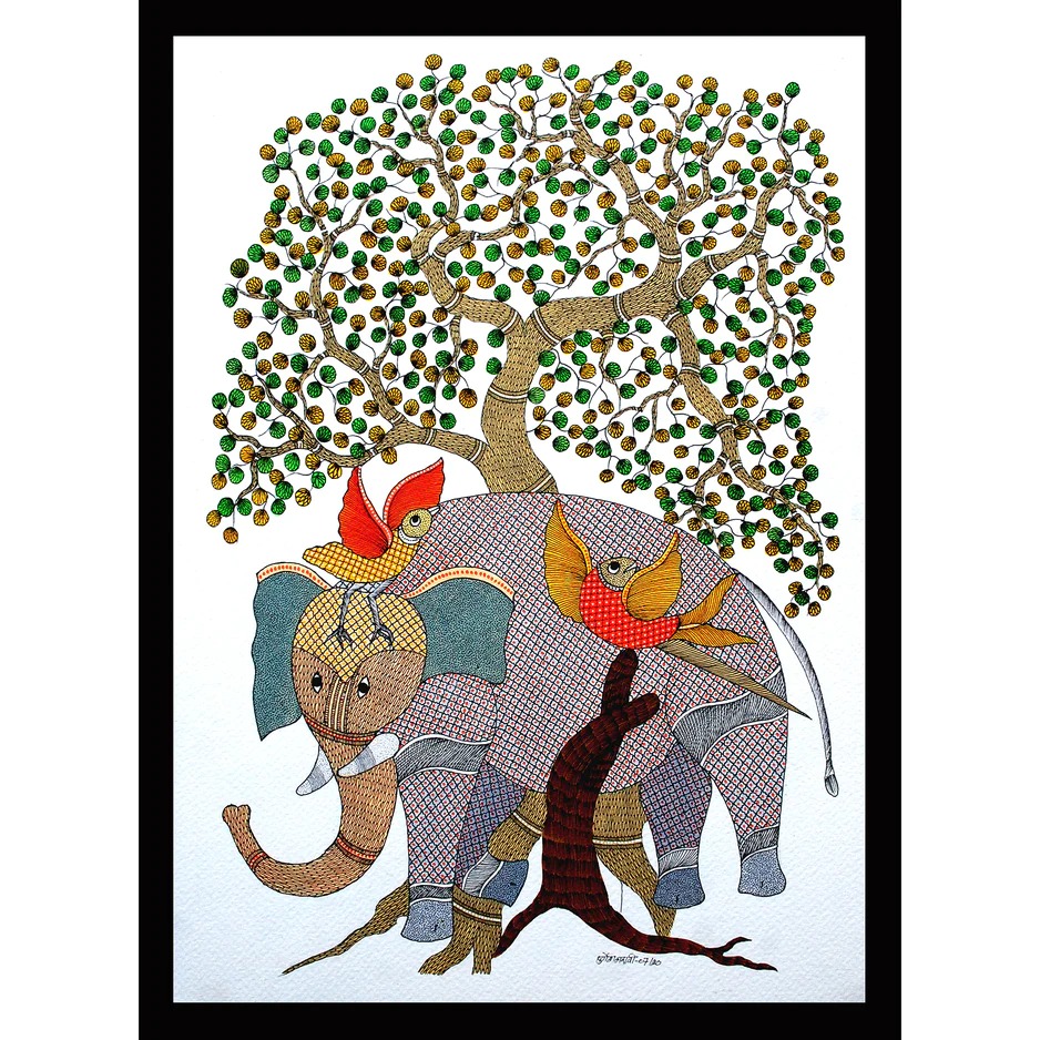 The Wobbly Dolly Project | Elephant and birds gond art painting by Durgesh Maravi