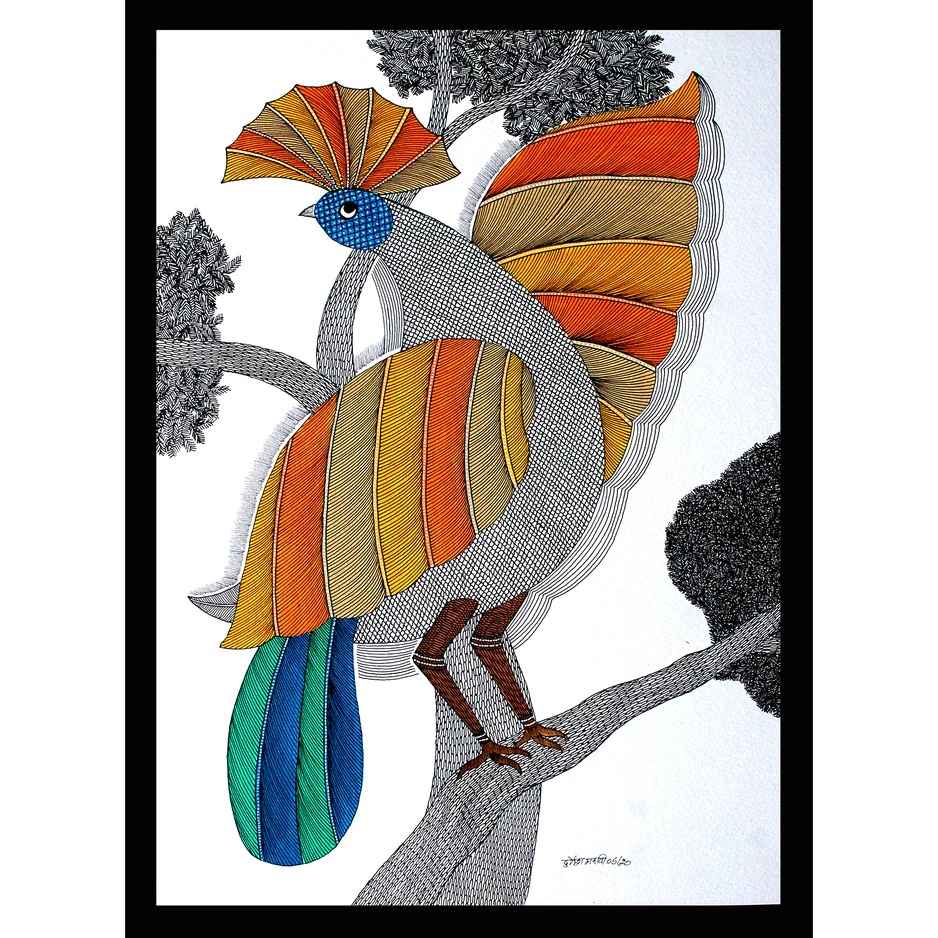 The Wobbly Dolly Project | Peacock gond art painting by Durgesh Maravi