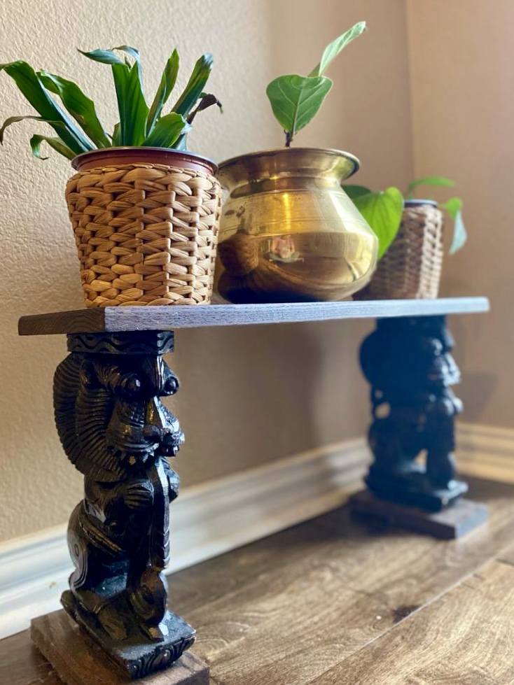 Home tour of Meena Harish | The Yazhi holding up a plant bench