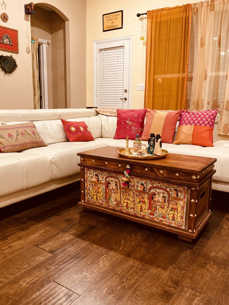 Home tour of Meena Harish | The coffee table is a treasure trunk on which a Madhubani painting is stuck to make it look unique