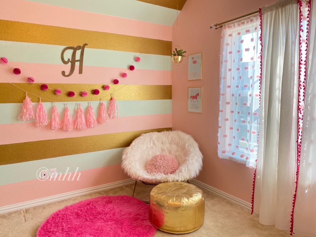 Home tour of Meena Harish | The play-cum-study room had pastel pink, mint & gold for the bling and an accent striped wall