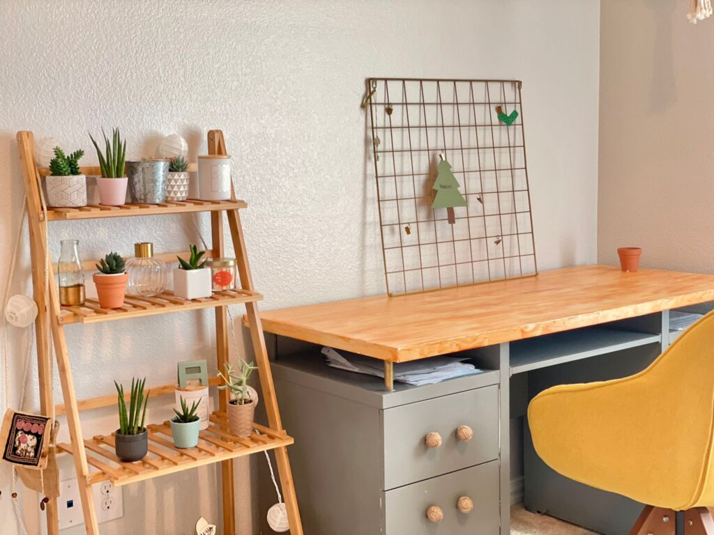 Home tour of Meena Harish | Change the study table to a medium grey and crystal knobs to jute knobs, to suit this decor style, Boho-retro