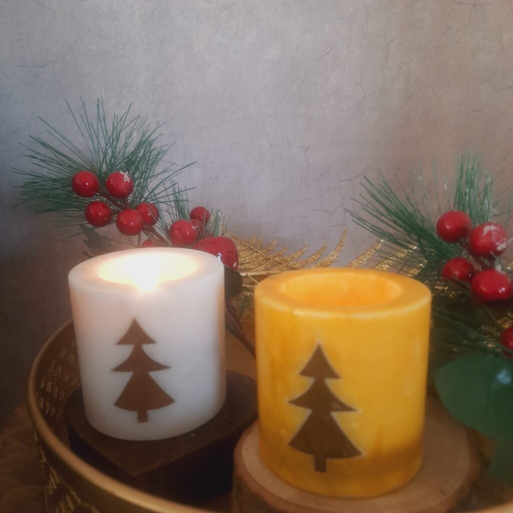 The festive Christmas party | marble t-light holders with a christmas tree brass inlay motif designed by Sharon