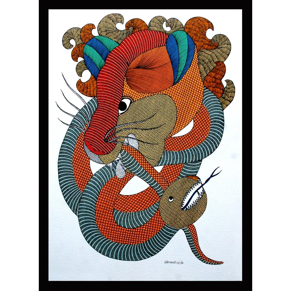 The Wobbly Dolly Project | Tiger and Snake gond art painting by Durgesh Maravi