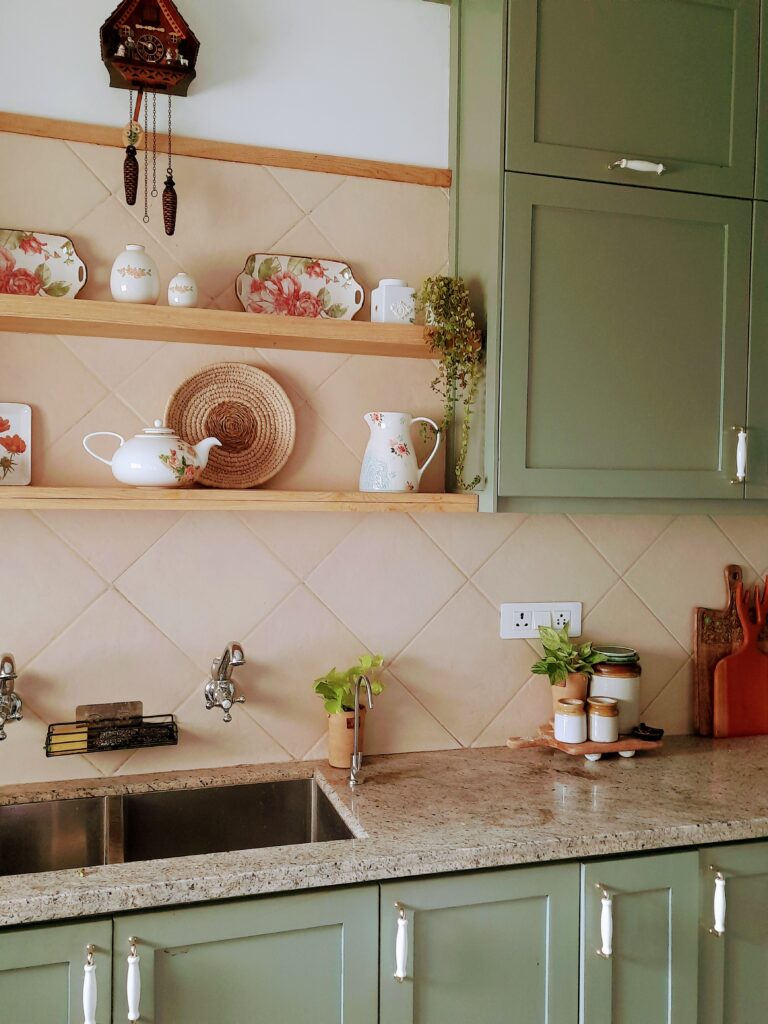 kitchen with sage green cabinets | Girija home tour in Kochi