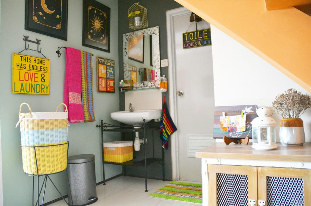 A wash room on the second floor with some artsy decorating love | Inda and Sony Sulaksono's Colorful Home tour